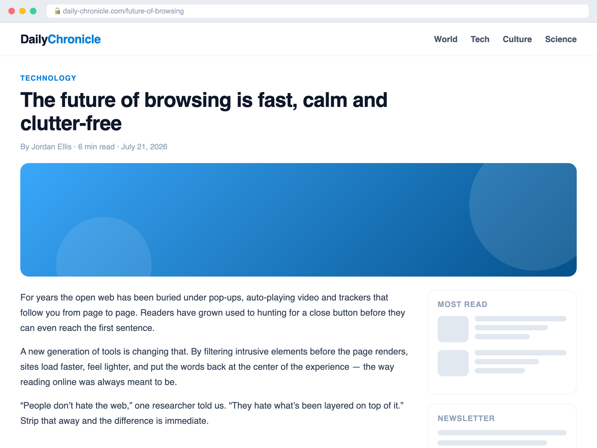 A news site browsed with Reblock — clean and ad-free